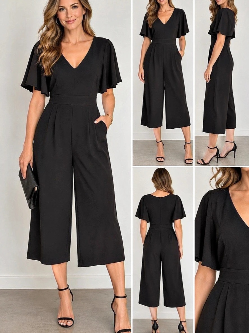 Eliza J Black V Neck Flutter Sleeve Wide Leg Jumpsuit Size 6